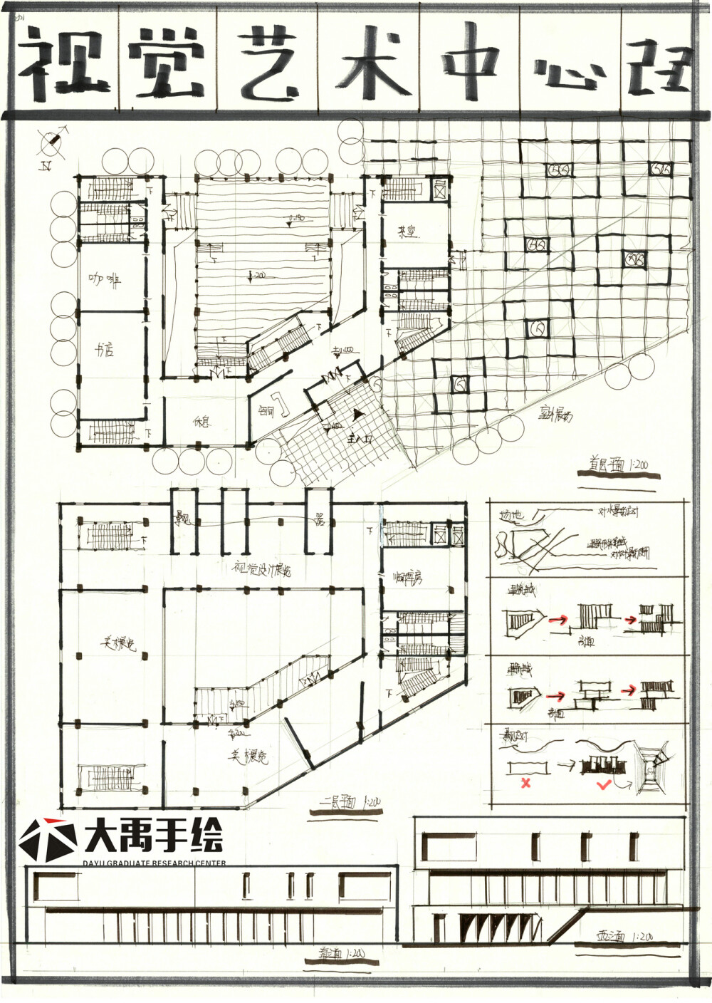 【大禹手绘】优秀建筑快题分享，建筑快题——视觉艺术中心设计更多免费资源私信我获取~
