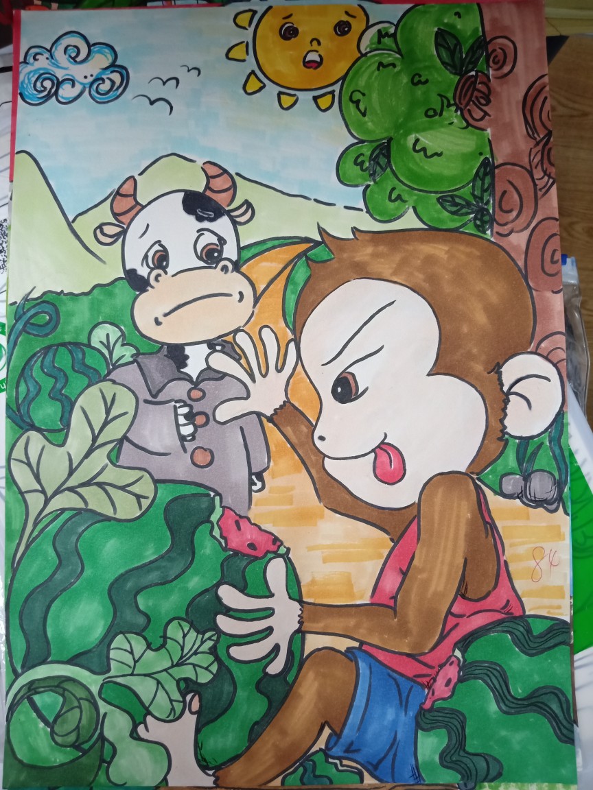 小猴吃瓜果儿童画图片