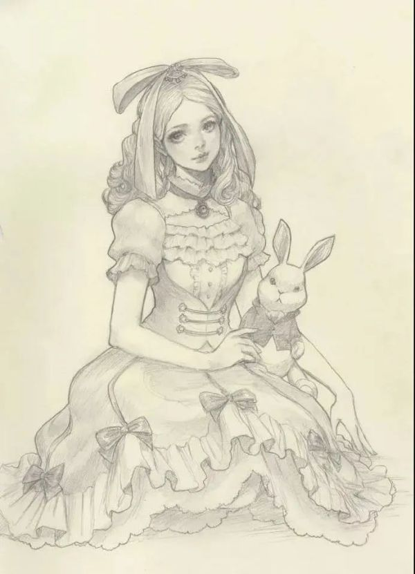黑白绘画少女图