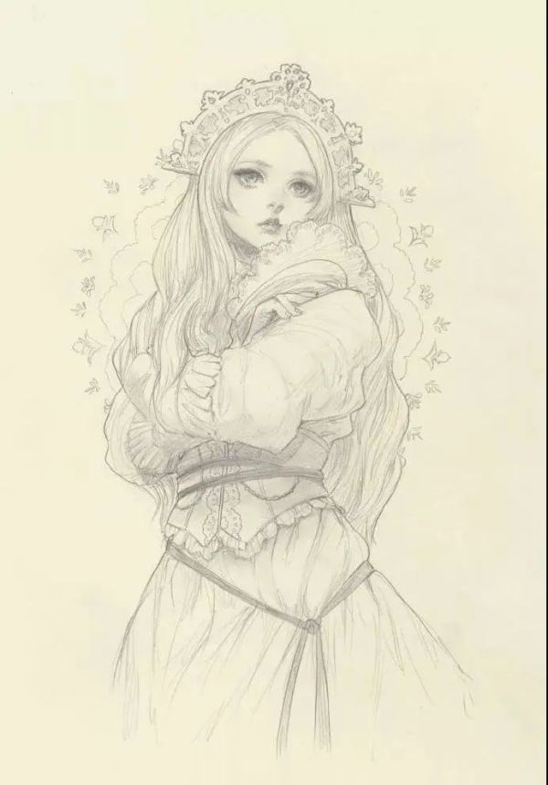 黑白绘画少女图
