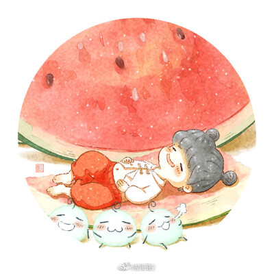 #手绘##插画# 作者：@兮零
《一起来吃水果吧！》系列插画
又到了吃西瓜的季节啦 (*^▽^)/★*☆
#每日一画# ​