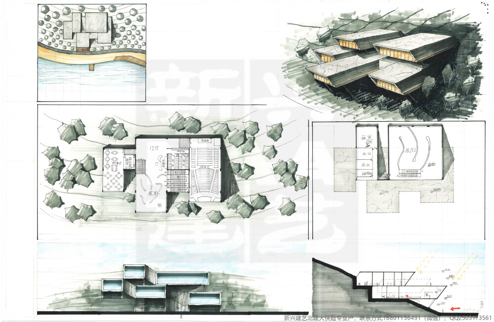 建筑快题、建筑手绘、建筑草图、建筑考研