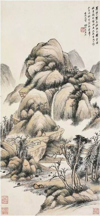 吴湖帆擅画山水,亦擅绘花卉,兼工书法。其山水以雅腴灵秀、缜丽清逸的复合画风独树一帜，尤以融水墨烘染与青绿设色于一体并多烟云者最具代表性。张大千曾将他誉为“民国画坛第一人”。
