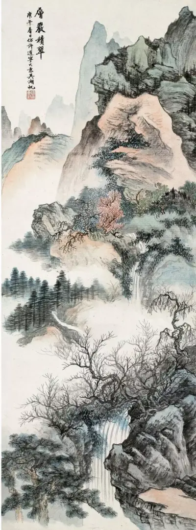 吴湖帆擅画山水,亦擅绘花卉,兼工书法。其山水以雅腴灵秀、缜丽清逸的复合画风独树一帜，尤以融水墨烘染与青绿设色于一体并多烟云者最具代表性。张大千曾将他誉为“民国画坛第一人”。
