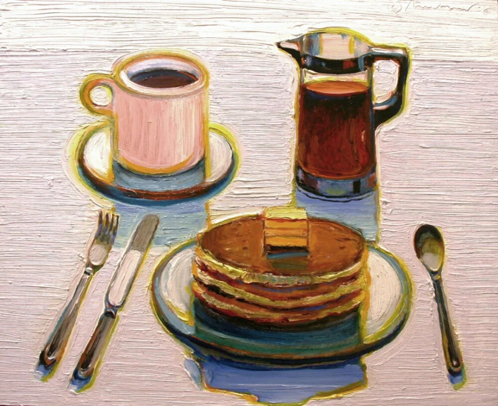 Wayne Thiebaud来自美国，成为著名的波普艺术画家前，他曾在世界上最具有童真气息的迪士尼担任画师。而后因受到抽象派和流行歌手的影响，开始专注于极具生活感事物的描绘，其中派、蛋糕、糖果、冰淇淋这些让人瞬间血糖飙升、幸福感加倍的甜食就是最常见的创作主题。