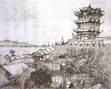 清末教科书中之黄鹤楼
清代光绪三十三年（1907年），由清府学部颁行了一部名为《瀛寰全志》的教科书，其中收有一幅刻铜《黄鹤楼图》。