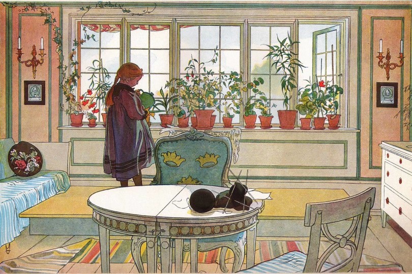 瑞典著名画家卡尔·拉森(Carl Larsson，1853―1919) 与雕塑家米列斯（C．MlLLES）、画家安·左思（A．ZORN）是瑞典美术史上对世界贡献最大的三位艺术家。拉森1853年出生在斯德哥尔摩，13岁获得奖学金，进入斯德哥尔摩美术学院学习，曾经在巴黎发展，但是不太成功。拉森的后半生很有意思，他和妻子卡瑞琳 (Karin) 回到瑞典中部乡村小镇桑德波恩，按自己的趣味设计住房，然后生了8个小孩。他画的都是家庭生活趣事，一本又一本。他使用大量的透明水彩，这些作品可能是瑞典最早的水彩插画作品之一。他与妻子与8个孩子的生活都成了画作中的人物、情景，画中温馨的家庭气氛让拉森的水彩画作开始受到全世界观者的喜爱。