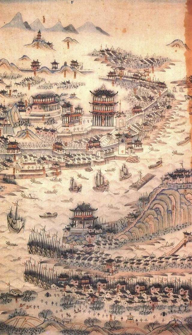 《武昌汉口鸟瞰图》中之黄鹤楼，（清1739-1862年间）
此图藏于大连市图书馆，手绘彩图。未标明作者姓名和成图时间，图中标注了武昌、汉口“龙王庙”等。笔者鉴定此图为清代中期作品，根据是图中有“龙王庙”，而龙王斋建于乾隆四年（1739年），故此图当于1739年以后所绘。但图中没有出现汉口城堡，而汉口城堡建于1864年，同时图中只绘有木帆船，而未出现现近代轮船。武汉江面出现航运和轮船是1862年以后。可知，此图当成于1862前。可大体界定此图绘于1739年至1862年之间。