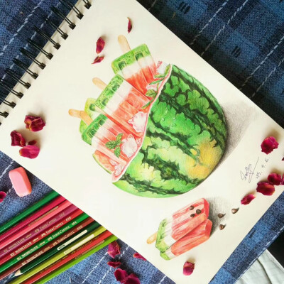 西瓜 冰棍 彩铅 手绘 食物 美食 铅笔 画画 临摹