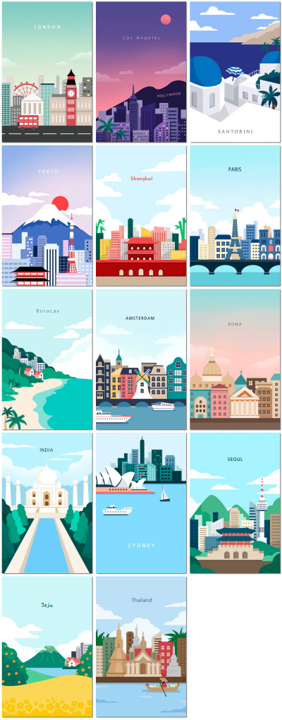 旅游景点建筑巴黎罗马东京悉尼上海插画插图海报设计PSD模板素材
