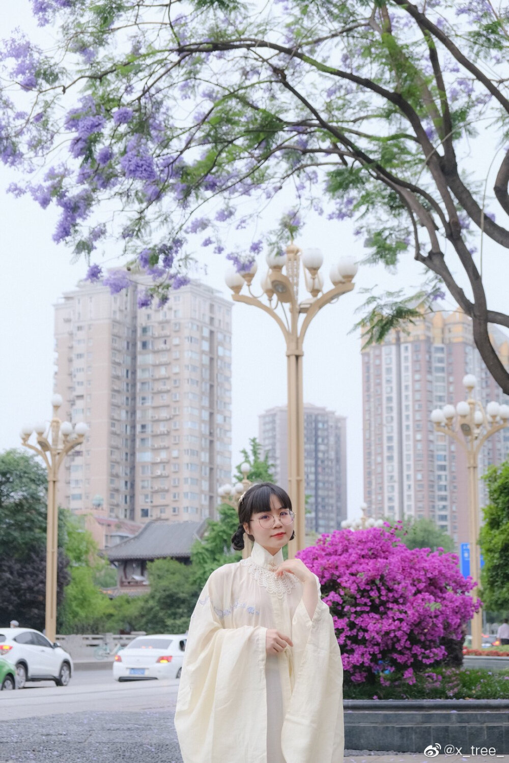 来我家楼下看蓝花楹吧～
衣 |@春山集Bambolotta
裙 |@瞳莞汉服
cr@x_tree_
#春山集##树的汉服穿搭# ​​​