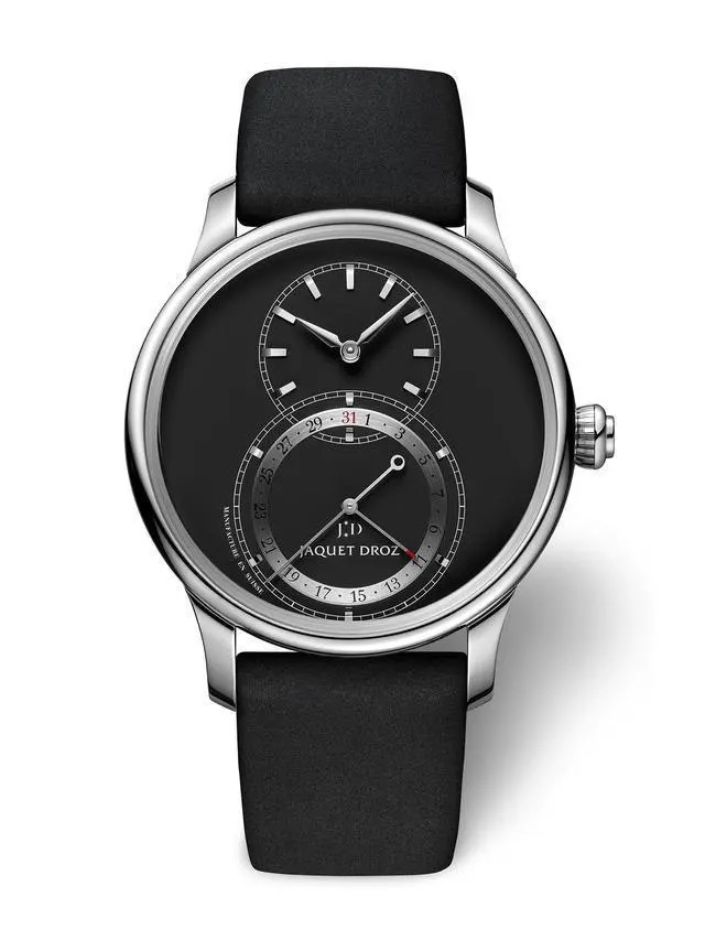 雅克德罗(Jaquet Droz)2020新款 日期显示大秒针J007020349
日历款一共有7枚新品，三枚钢款，四枚红金款，参数相同的地方为：直径41毫米，厚度12.1毫米，防水系数30米，机芯型号Jaquet Droz 2660Q2，动力约68小时。
J007020349，精钢表壳，哑光黑色表盘，18K白金时标，镀铑镶饰。