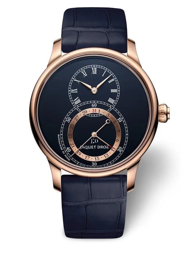 雅克德罗(Jaquet Droz)2020新款 日期显示大秒针J007023201
J007023201，18K红金表壳，双层深蓝色大明火珐琅表盘，配18K红金镶饰。