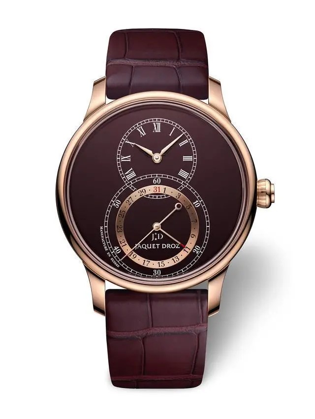 雅克德罗(Jaquet Droz)2020新款 日期显示大秒针J007023202
J007023202，18K红金表壳，双层酒红色大明火珐琅表盘，配18K红金镶饰。