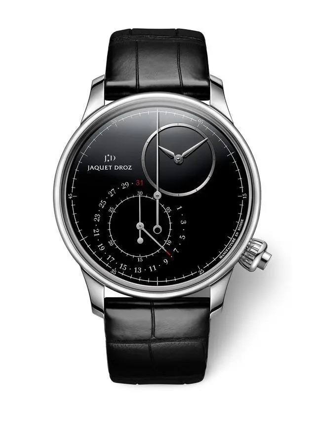 雅克德罗(Jaquet Droz)2020新款 偏心大秒针计时码表J007830270
J007830270，精钢表壳，直径43毫米，厚度14.83毫米，防水系数30米。黑色缟玛瑙表盘，配18K白金镶饰，搭配一条鳄鱼皮表带。