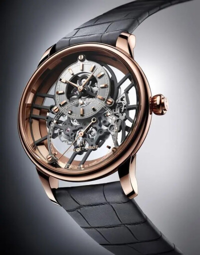 雅克德罗(Jaquet Droz)2020新款 大秒针镂空腕表J003523241
J003523241，直径41毫米，厚度12.3毫米，防水系数30米。18K红金表壳，合成蓝宝石表盘，18K红金时标下还有一层18K白金时分表盘，经灰色镀层工艺处理，鳄鱼…