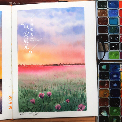 DAY4 一幅美丽的花海，感受清新的气息~开启全新的一天吧 早安~
painting tools
画本：手工水彩本获多福内页
画笔：松鼠毛拖把笔+貂毛尖圆头笔
颜料：申内利尔自配24色
附上步骤图和绘画时间，用时35分钟~
