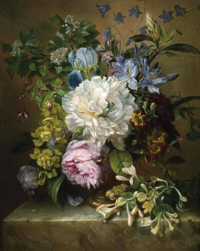 Summer Flowers on a Marble Ledge by Adriana Johanna Haneen (Dutch, 1814–1895) ​​​