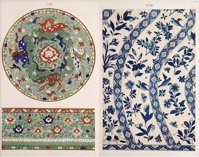 下面这本《Examples of Chinese ornament》大约出版于1867年，是英国当时先锋建筑家与设计师欧文·琼斯（Owen Jones）根据历史上的The South Kensington museum / 南肯辛顿博物馆(现为：英国自然史博物馆）的部分中国收藏品和部分其它中国古董上的图案绘制而成。