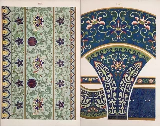 下面这本《Examples of Chinese ornament》大约出版于1867年，是英国当时先锋建筑家与设计师欧文·琼斯（Owen Jones）根据历史上的The South Kensington museum / 南肯辛顿博物馆(现为：英国自然史博物馆）的部分中国收藏品和部分其它中国古董上的图案绘制而成。