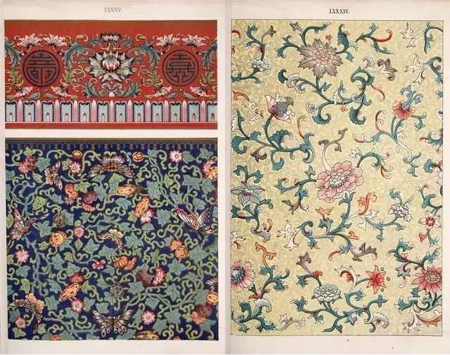 下面这本《Examples of Chinese ornament》大约出版于1867年，是英国当时先锋建筑家与设计师欧文·琼斯（Owen Jones）根据历史上的The South Kensington museum / 南肯辛顿博物馆(现为：英国自然史博物馆）的部分中国收藏品和部分其它中国古董上的图案绘制而成。