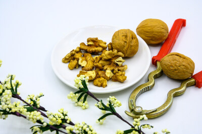 食品 食物 植物 果实 成熟的 特写 绿色食品 美味 零食 坚果 干果 核桃 核桃仁 膳食纤维 小吃 益智 亚洲 健康食物 有机食品 膳食 养生 滋补 营养 食材 生活方式 健康的 白色背景 白瓷盘 干果钳 简单背景
