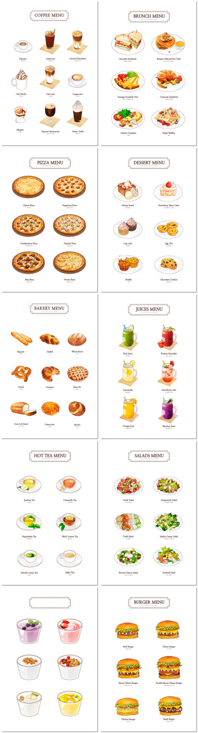 餐厅咖啡蛋糕果汁汉堡披萨面包外卖菜单插图海报设计PSD模板素材