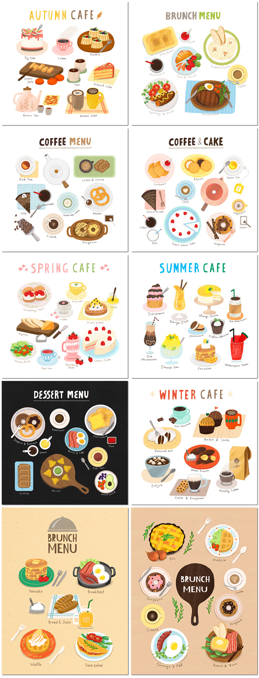 餐厅咖啡蛋糕果汁汉堡披萨面包外卖菜单插图海报设计PSD模板素材