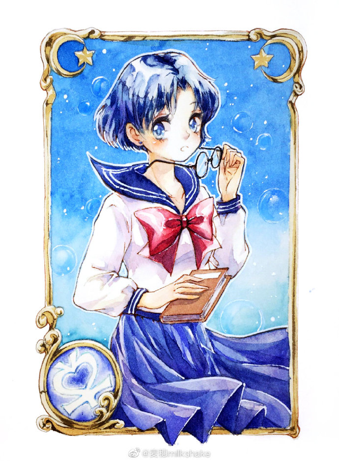 美少女战士水彩画，水野亚美 Sailor Mercury，画师:b站LUNA花