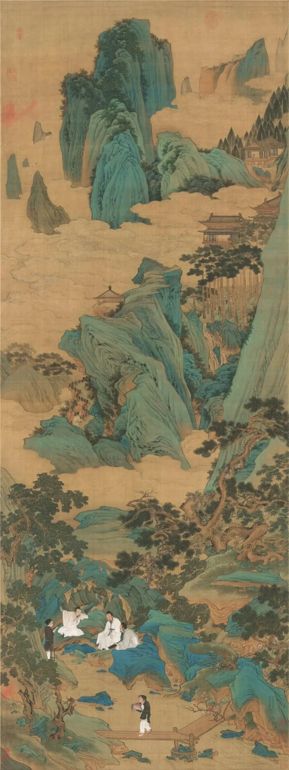 明 仇英 作品赏析《桃源仙境图》
这是典型的仇英式青绿山水，画法工整，色彩明亮又深沉。他用宋代初年大山大水式的全景构图，以陶渊明的《桃花源记》为蓝本，描绘了人们理想中的隐居胜地：
三位高士，落座溪边，一人抚琴，两人沉醉其中。他们身着白衣，与整幅画的色彩形成强烈对比，但并不突兀，反而是因为这种对比，才衬托了高士的悠然与雅静。
为此，我们不得不感叹仇式青绿之独特。