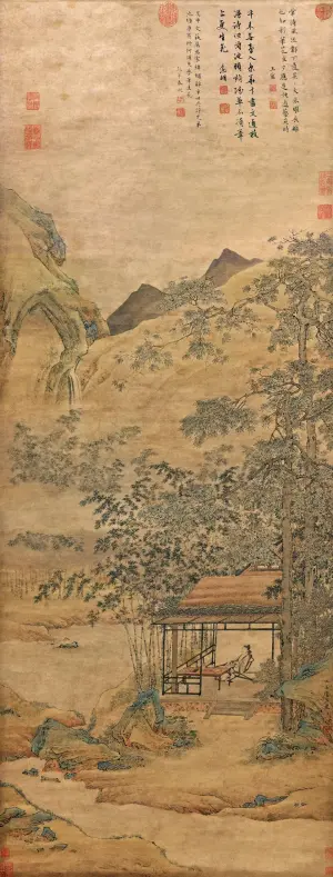 明 仇英 作品赏析《梧竹书堂图》

图中画一精舍，宽敞的书桌置于竹林旁，上有文具书籍，一士人半作半卧于躺椅上，神态安然。文徴明在上方题曰：

年来无梦入京华，

才尽文通敢漫夸。

但得池头频赋草，

不须笔上更生花。