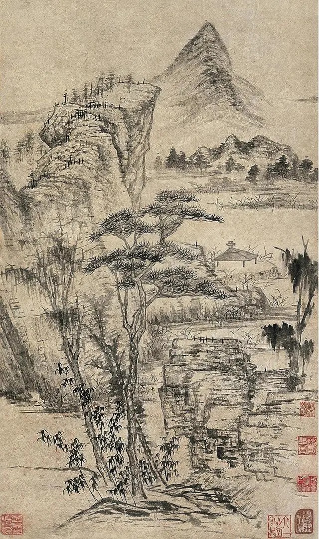 清 石涛《秋山幽居图》（局部）
画秋景山水，图中层峦叠嶂，怪石嶙峋，山路崎岖，烟水微茫，层舍俨然，缀以溪水树木，意境深邃幽奥，笔墨枯润，画风静秀。该作画于壬午年（1702），石涛时年72岁。此作经过多次著录，并为张大千旧藏。