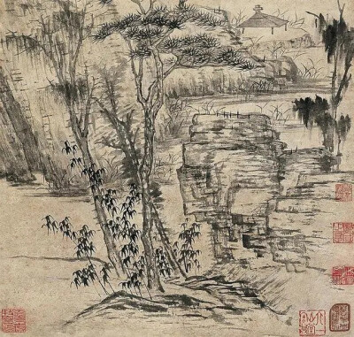 清 石涛《秋山幽居图》（局部）
画秋景山水，图中层峦叠嶂，怪石嶙峋，山路崎岖，烟水微茫，层舍俨然，缀以溪水树木，意境深邃幽奥，笔墨枯润，画风静秀。该作画于壬午年（1702），石涛时年72岁。此作经过多次著录…