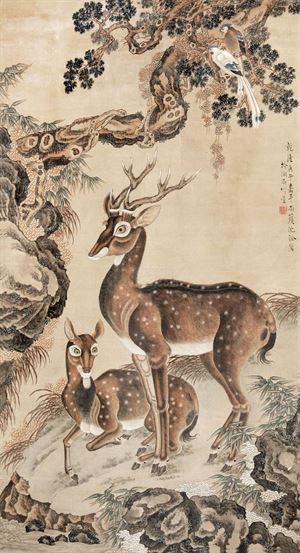 清 沈铨作品
沈铨（1682—1760），字衡之，号南苹，浙江湖州市德清县新市镇（一作吴兴（今浙江省湖州市吴兴区）人。少时家贫，随父学扎纸花。20岁左右，从事绘画，并以此为生。其画远师黄筌画派，近承明代吕纪，工写花卉翎毛、走兽，以精密妍丽见长，也擅长画仕女。创“南苹派”写生画，深受日人推崇，被称为“舶来画家第一”。