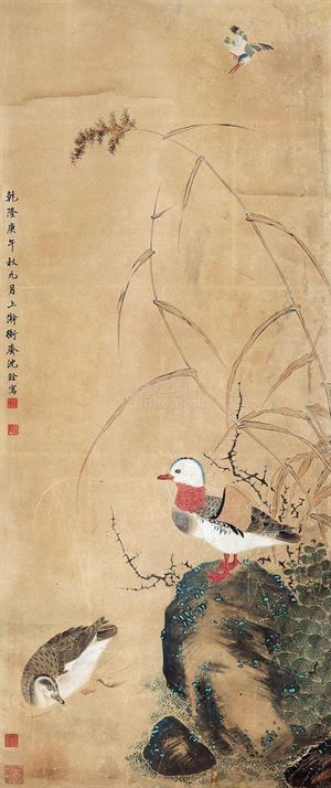 清 沈铨作品
沈铨（1682—1760），字衡之，号南苹，浙江湖州市德清县新市镇（一作吴兴（今浙江省湖州市吴兴区）人。少时家贫，随父学扎纸花。20岁左右，从事绘画，并以此为生。其画远师黄筌画派，近承明代吕纪，工写花卉翎毛、走兽，以精密妍丽见长，也擅长画仕女。创“南苹派”写生画，深受日人推崇，被称为“舶来画家第一”。