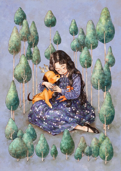 温暖的拥抱，满满的幸福感 ~ 来自韩国插画家Aeppol 的「森林女孩日记-2020」系列插画。