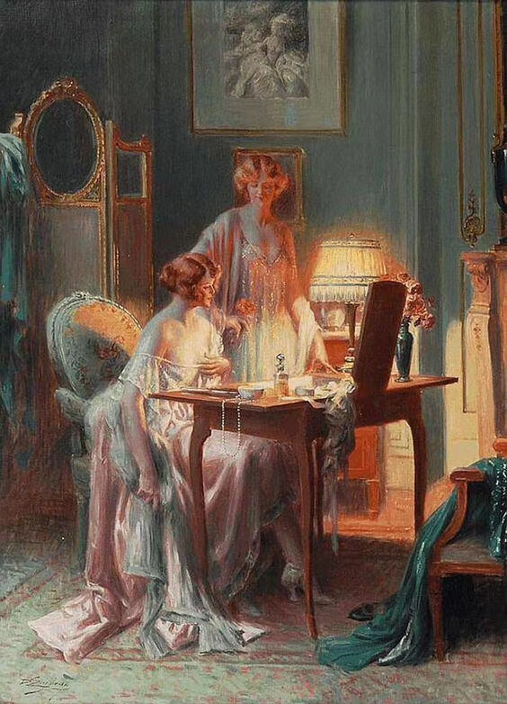 Delphin Enjolras，德尔菲恩·恩霍拉斯，1865-1945年。法国19世纪学院派画家，擅长肖像画，人体油画等，最著名的作品是描绘平凡的年轻女性，或在窗边阅读，或在灯下做着针线活。其中最著名的一幅作品是图一《窗边阅读的女人》。
他说：“美丽智慧的女人是他创作的灵感之源”，“在我的画里，无论是光泽面料、火、壁炉或台灯等，所有景物都以烘托营造伟大的爱的氛围为中心”。