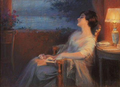 Delphin Enjolras，德尔菲恩·恩霍拉斯，1865-1945年。法国19世纪学院派画家，擅长肖像画，人体油画等，最著名的作品是描绘平凡的年轻女性，或在窗边阅读，或在灯下做着针线活。其中最著名的一幅作品是图一《窗边阅读…