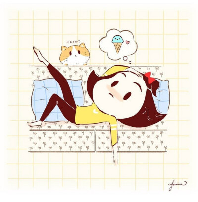少女与猫咪的萌可爱日常 插画 By_jasmine lee