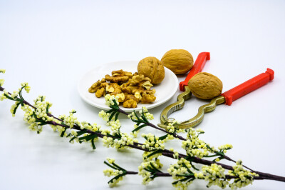 食品 食物 植物 果实 成熟的 特写 绿色食品 美味 零食 坚果 干果 核桃 核桃仁 膳食纤维 小吃 益智 亚洲 健康食物 有机食品 膳食 养生 滋补 营养 食材 生活方式 健康的 白色背景 白瓷盘 干果钳 简单背景
