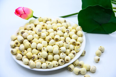 莲子 植物 种子 莲花 荷花 果实 干果 食材 食用 膳食 滋补 营养 健康 有机食品 健康食品 美味 清爽 食品 食物 饮食文化 养生 大量的 白色背景 鲜艳的 绿叶 荷叶 粉色 成熟的 容器 白瓷盘
