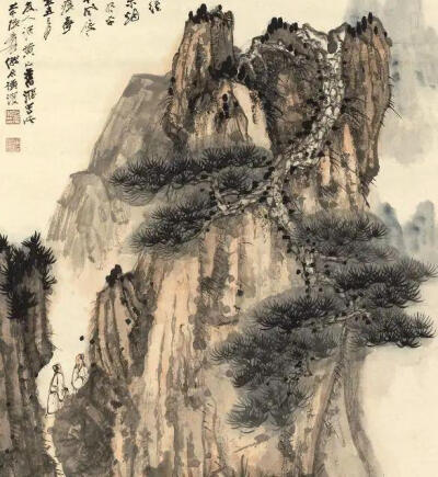 张大千《黄山松石图》局部 1961年
大千在图左上题诗云：“三到黄山绝顶行，廿年烟雾黯清明，平生几两秋风屐，尘蜡苔痕梦里情。”
“三到黄山绝顶”，便是指他从1927——35年间，和其兄张善孖三次同登黄山的往事。…