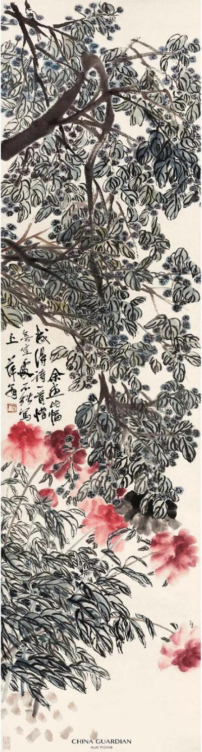 齐白石 《花果四屏》
大家都知道，齐白石卖画不论交情，按润格来，不兴多画的。但齐白石画给最尊敬的挚友，都极其用心，著意营造，布满整个画面，以示诚心之意。连老头子自己都感慨：余生平所作之画，最稠密以此四…