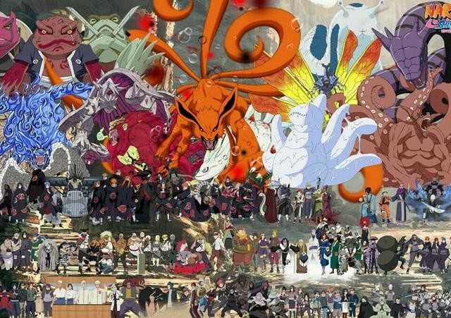 鸣人，佐助，晓组织，还有木叶12小强，哦，忘了还有一个风影我爱罗