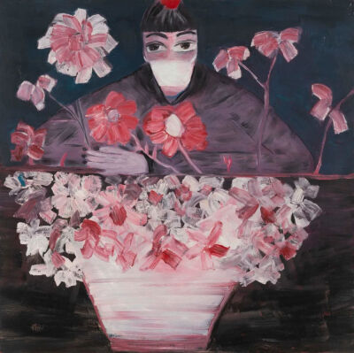 孔宁，《雾霾娃娃系列-插花的女人》，布面油画，100x100cm，2014