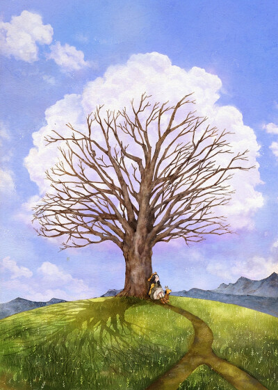 120. 나무 이야기 #2 – 구름나무
Tree story #2 - Cloud tree树木的故事#2-白云之树
微风吹来一朵云团，挂在了树上，使它形成了一颗白叶茂密的白云之树。树木摇晃着树枝，好像很高兴它有了新叶子。