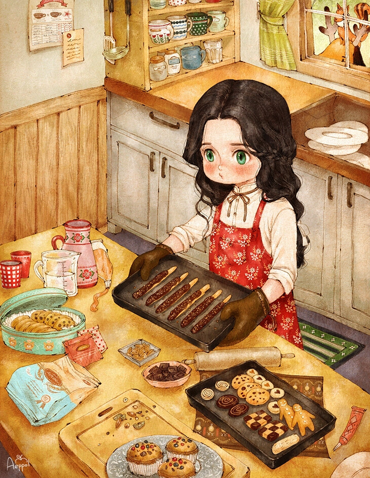 21. 쿠키를 만들어요
(Baking Cookies)-烘焙饼干
面粉、鸡蛋、砂糖、杏仁，别忘了巧克力脆片。
用我最喜欢的食材烘烤饼干。
甜蜜的香味弥漫整个屋子，我情不自禁地吹起了口哨。美味的饼干装在罐子里，给动物朋友们准备一个惊喜！