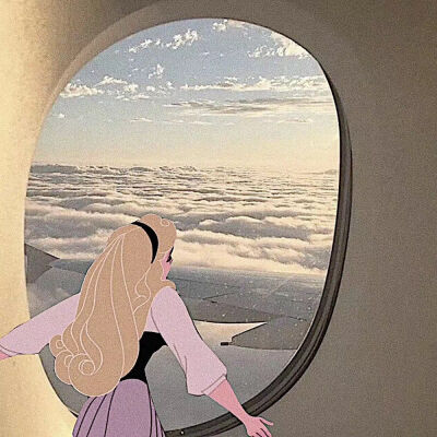 【朋友圈背景】迪士尼公主现代风 个性 少女心 睡美人 飞机窗 天空 背影