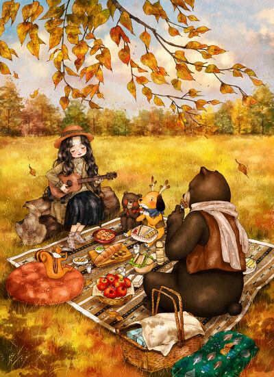 127. 가을 소풍
(Autumn Picnic)-秋日野餐
落叶一片又一片飘下，万紫千红的在山脚下蜿蜒。带上精心准备的茶点，一起好好享受秋日的野餐吧。