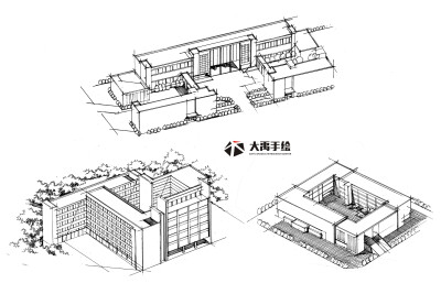 大禹手绘--规划手绘临摹图：单体材质，鸟瞰图，钢笔画